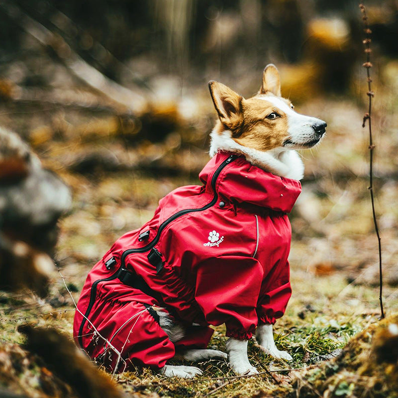 Waterproof All-Weather Dog Raincoat – Reflective 4-Legged Jacket in Black & Red (XL–5XL)