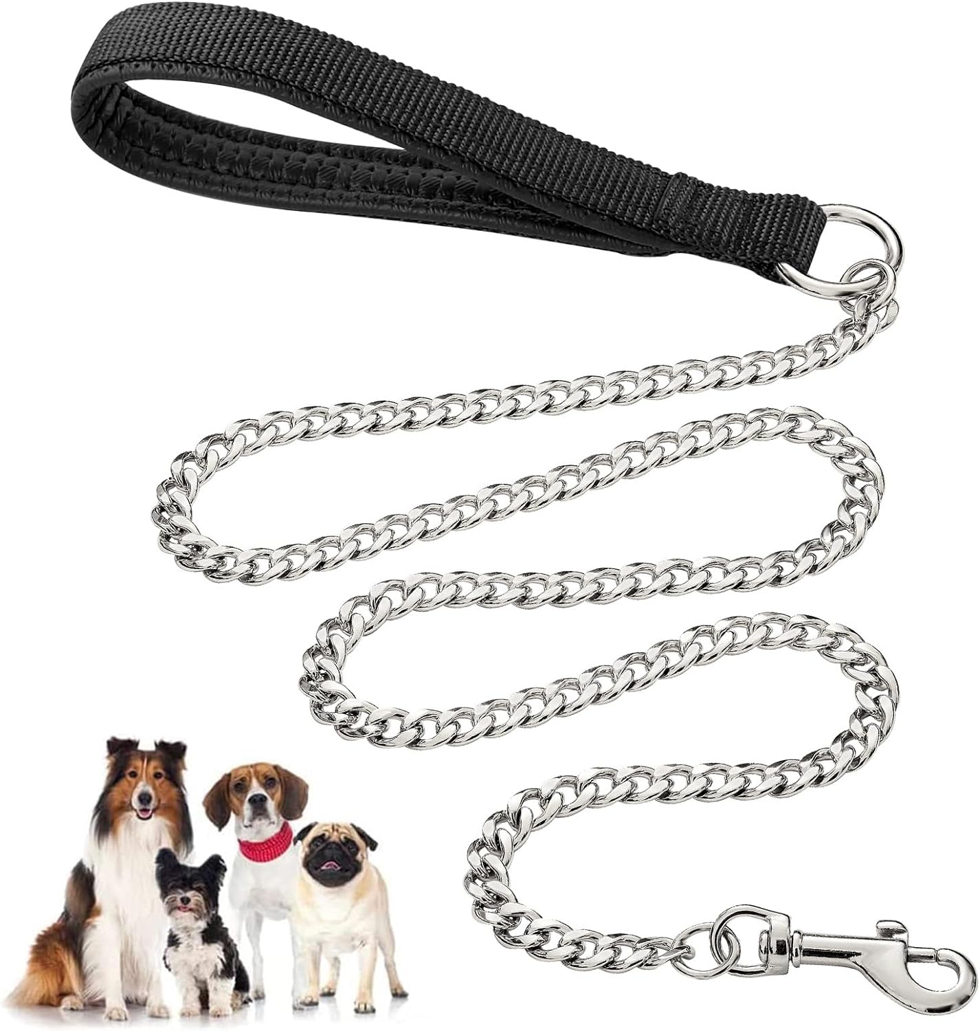 Heavy-Duty Chew-Proof Metal Dog Leash – Padded Handle, 47 in Chrome Chain (Red, Blue, Black)