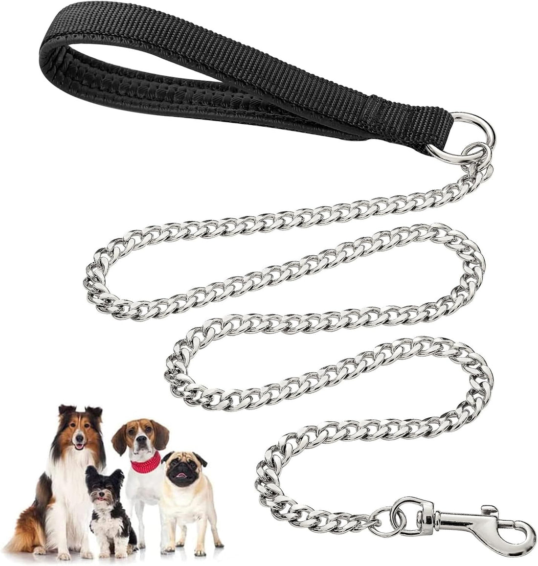 Heavy-Duty Chew-Proof Metal Dog Leash – Padded Handle, 47 in Chrome Chain (Red, Blue, Black)