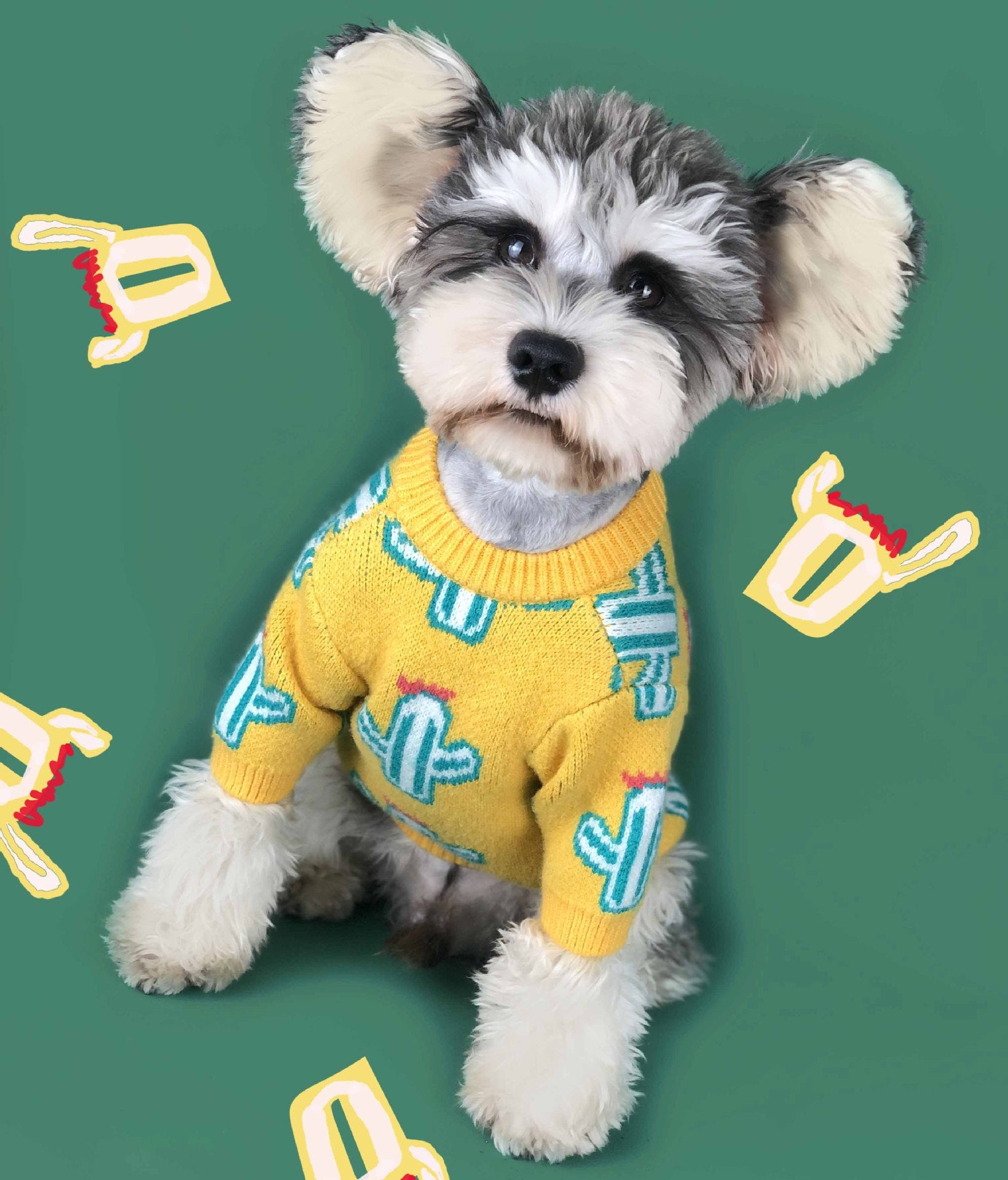 Cactus Print Dog Sweater – Fun Acrylic Knit in Purple & Yellow (S–XXL)