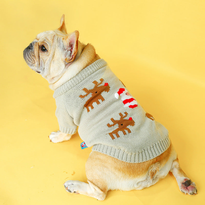 Elk Print Christmas Dog Sweater – Cozy Acrylic Holiday Knit (S–XL)