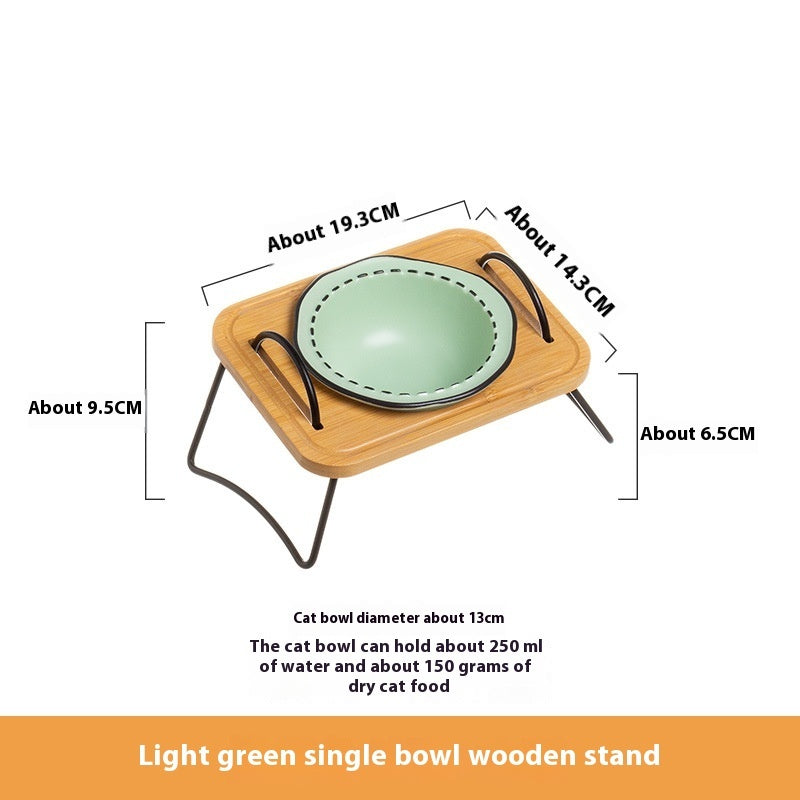 Multi-Functional Wooden Pet Rack with Ceramic Anti-Tumble Cat Bowl