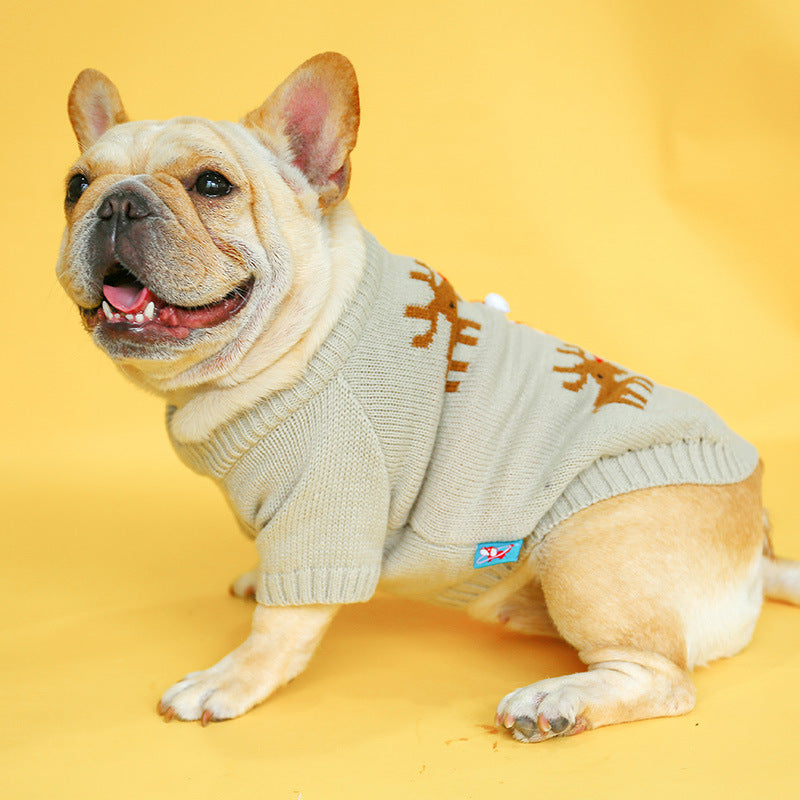 Elk Print Christmas Dog Sweater – Cozy Acrylic Holiday Knit (S–XL)