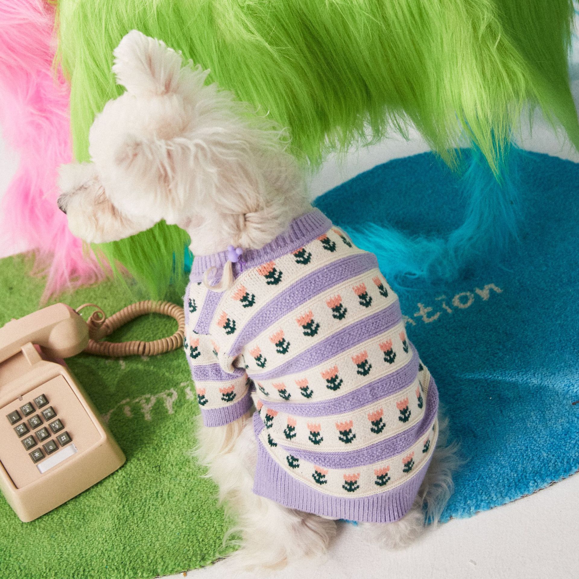 Purple Floral Jacquard Dog Sweater – Stylish Wool Knit Cardigan (XS–XXL)