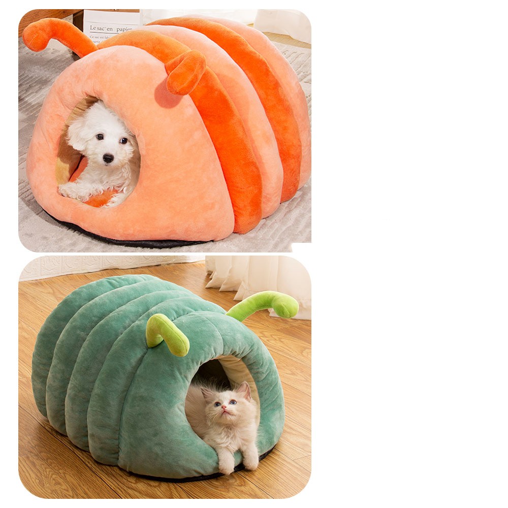Caterpillar Cat Bed – Cozy Winter Plush Nest for Cats (Orange & Green)