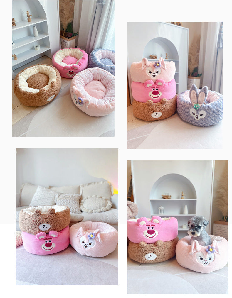 Cartoon Bear Pet Bed – Cute Round Plush Nest for Dogs & Cats (3 Sizes)