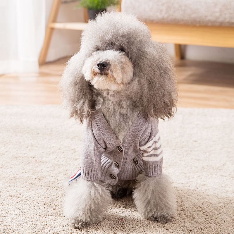 Cozy Gray Cardigan Pet Sweater – Soft Core Yarn Knit for Dogs (M–XL)