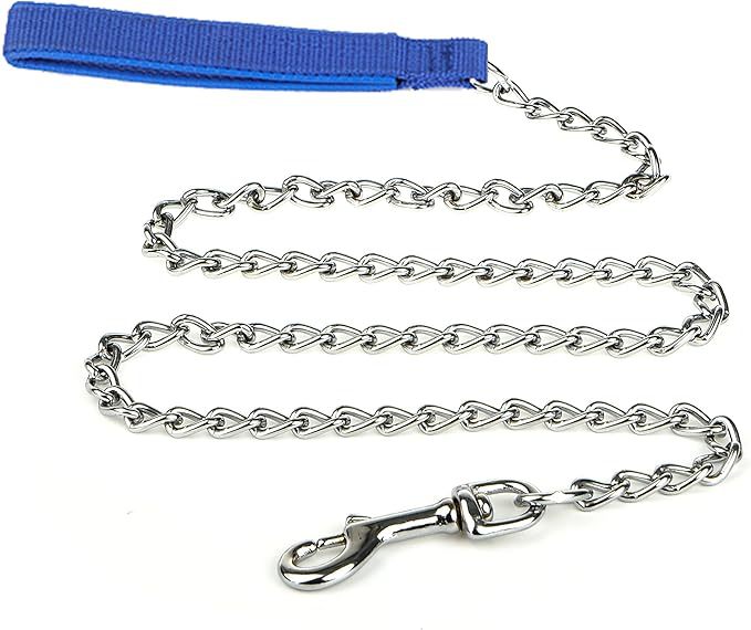 Heavy-Duty Chew-Proof Metal Dog Leash – Padded Handle, 47 in Chrome Chain (Red, Blue, Black)