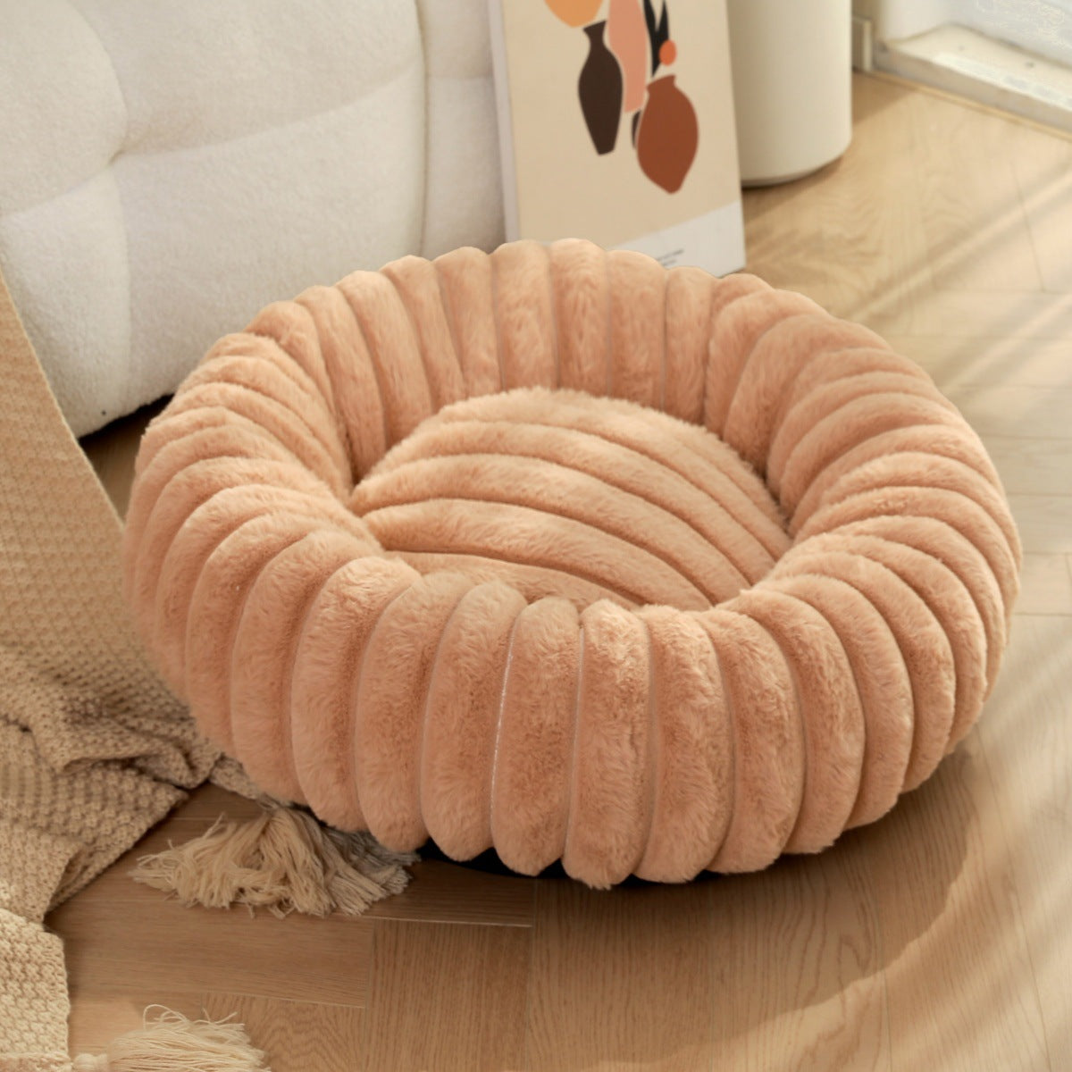 Long Hair Round Pet Bed – Warm Plush Nest for Cats & Dogs (6 Sizes, 5 Colors)