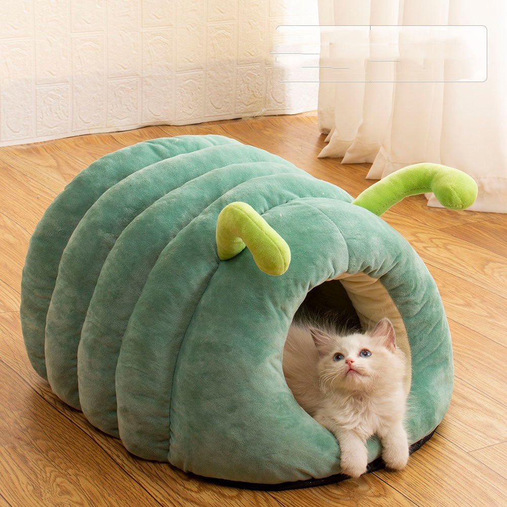 Caterpillar Cat Bed – Cozy Winter Plush Nest for Cats (Orange & Green)