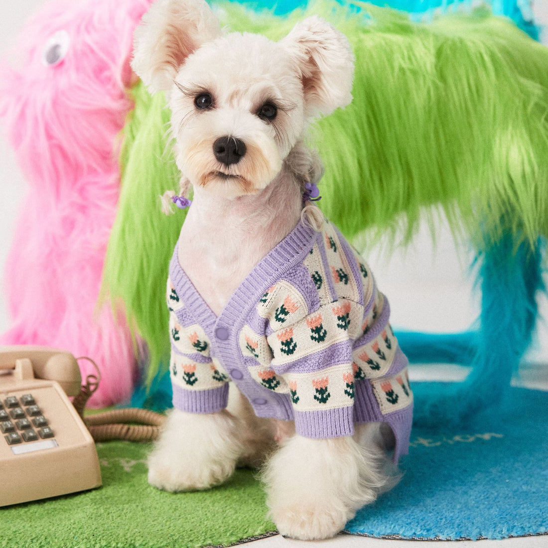 Purple Floral Jacquard Dog Sweater – Stylish Wool Knit Cardigan (XS–XXL)