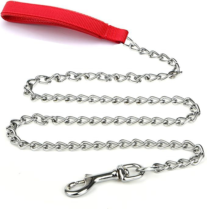 Heavy-Duty Chew-Proof Metal Dog Leash – Padded Handle, 47 in Chrome Chain (Red, Blue, Black)