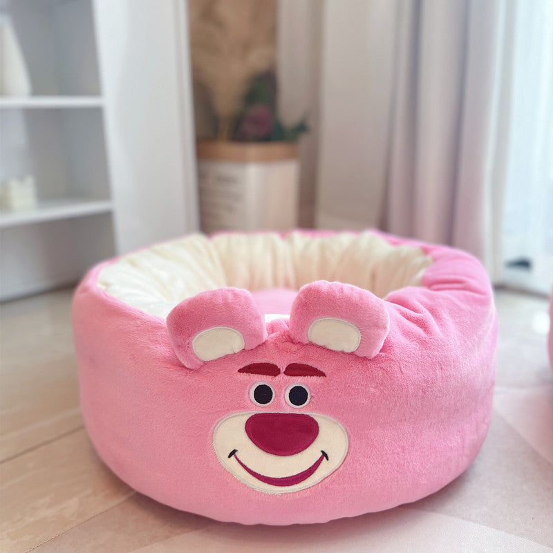 Cartoon Bear Pet Bed – Cute Round Plush Nest for Dogs & Cats (3 Sizes)