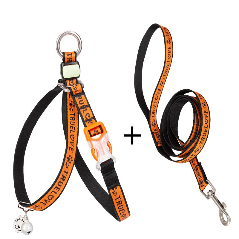 Cat & Small Dog Chest Harness with Bell – Polyester Mesh Leash Set in 5 Colors (S–L)