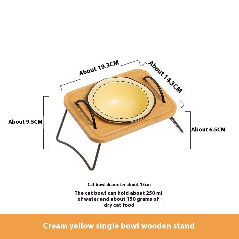 Multi-Functional Wooden Pet Rack with Ceramic Anti-Tumble Cat Bowl