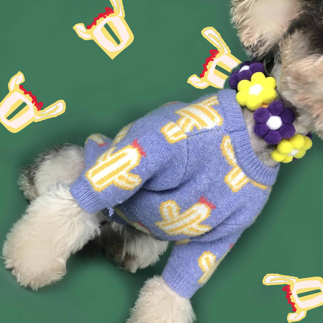Cactus Print Dog Sweater – Fun Acrylic Knit in Purple & Yellow (S–XXL)