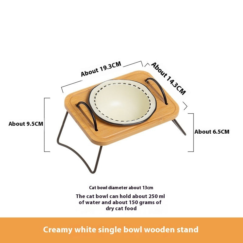 Multi-Functional Wooden Pet Rack with Ceramic Anti-Tumble Cat Bowl