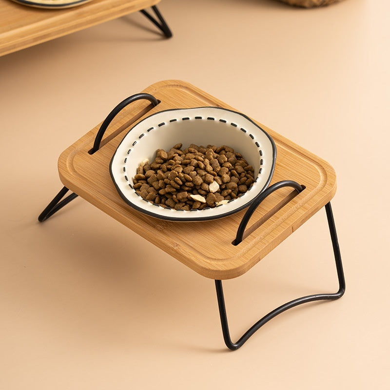 Multi-Functional Wooden Pet Rack with Ceramic Anti-Tumble Cat Bowl