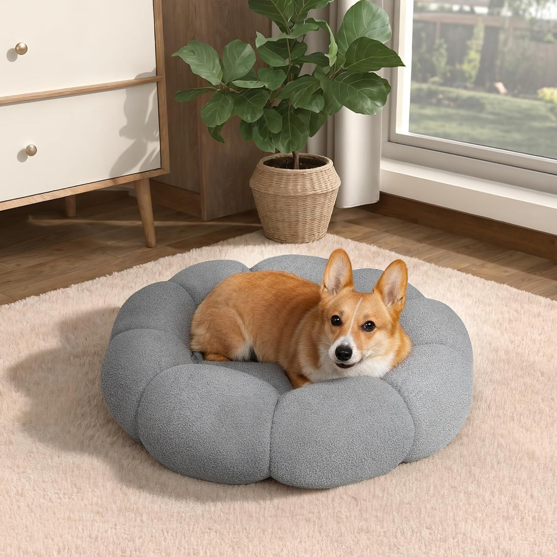 Flower Calming Dog Bed – Washable Donut Cuddler in 5 Colors (S–L)