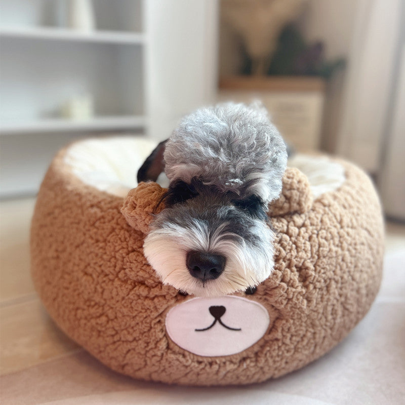 Cartoon Bear Pet Bed – Cute Round Plush Nest for Dogs & Cats (3 Sizes)
