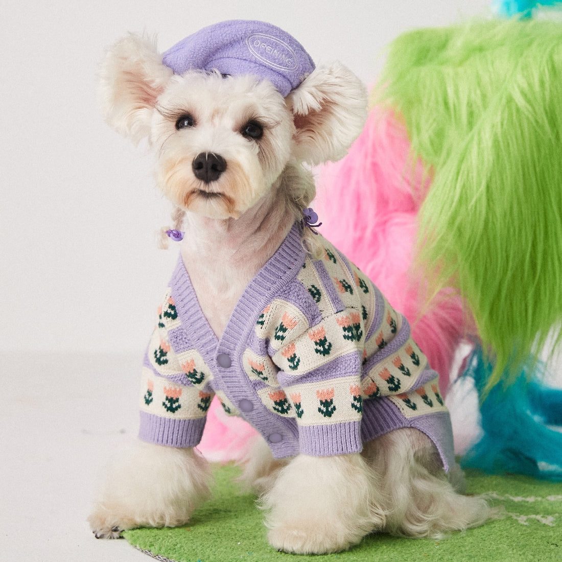 Purple Floral Jacquard Dog Sweater – Stylish Wool Knit Cardigan (XS–XXL)