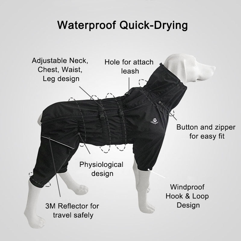 Waterproof All-Weather Dog Raincoat – Reflective 4-Legged Jacket in Black & Red (XL–5XL)