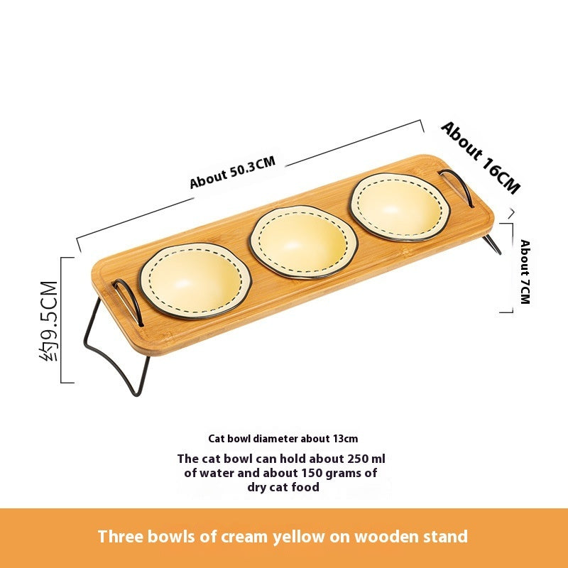 Multi-Functional Wooden Pet Rack with Ceramic Anti-Tumble Cat Bowl