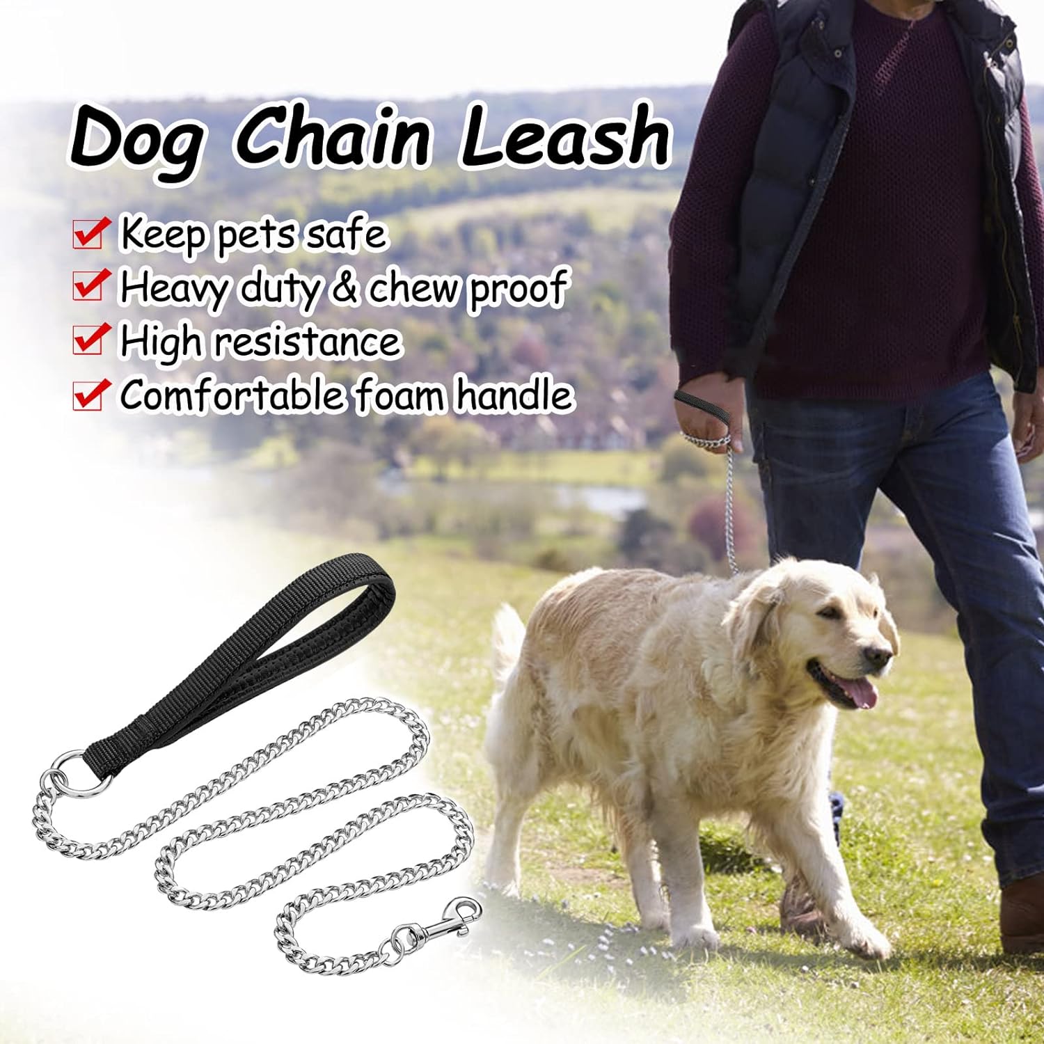 Heavy-Duty Chew-Proof Metal Dog Leash – Padded Handle, 47 in Chrome Chain (Red, Blue, Black)