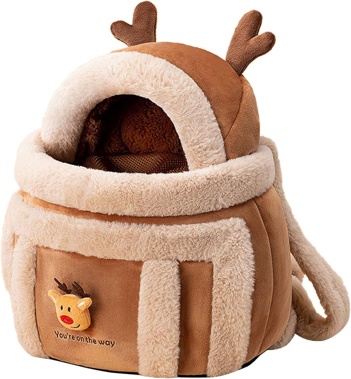Plush Reindeer Pet Carrier Backpack with Hand Warmers for Travel