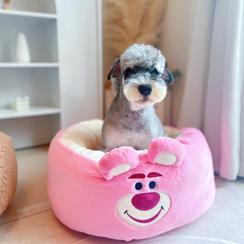 Cartoon Bear Pet Bed – Cute Round Plush Nest for Dogs & Cats (3 Sizes)