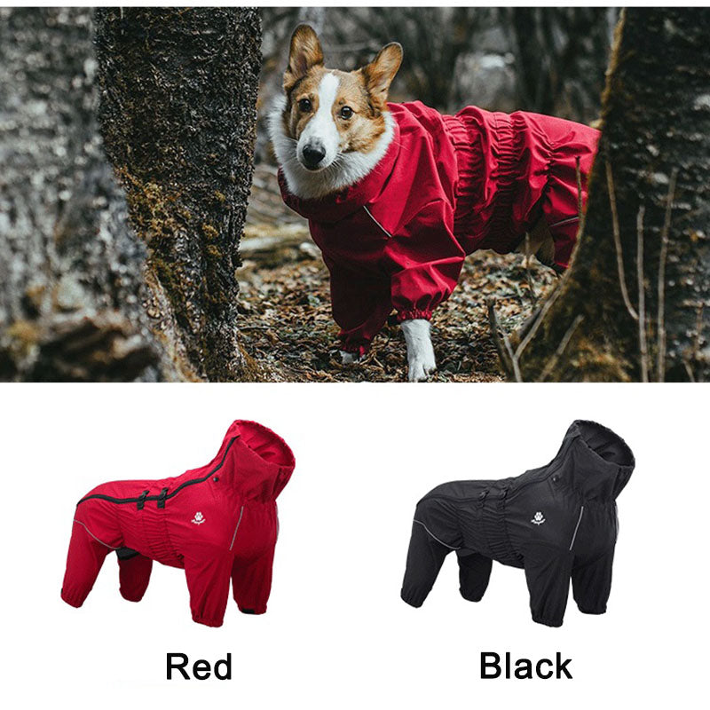Waterproof All-Weather Dog Raincoat – Reflective 4-Legged Jacket in Black & Red (XL–5XL)