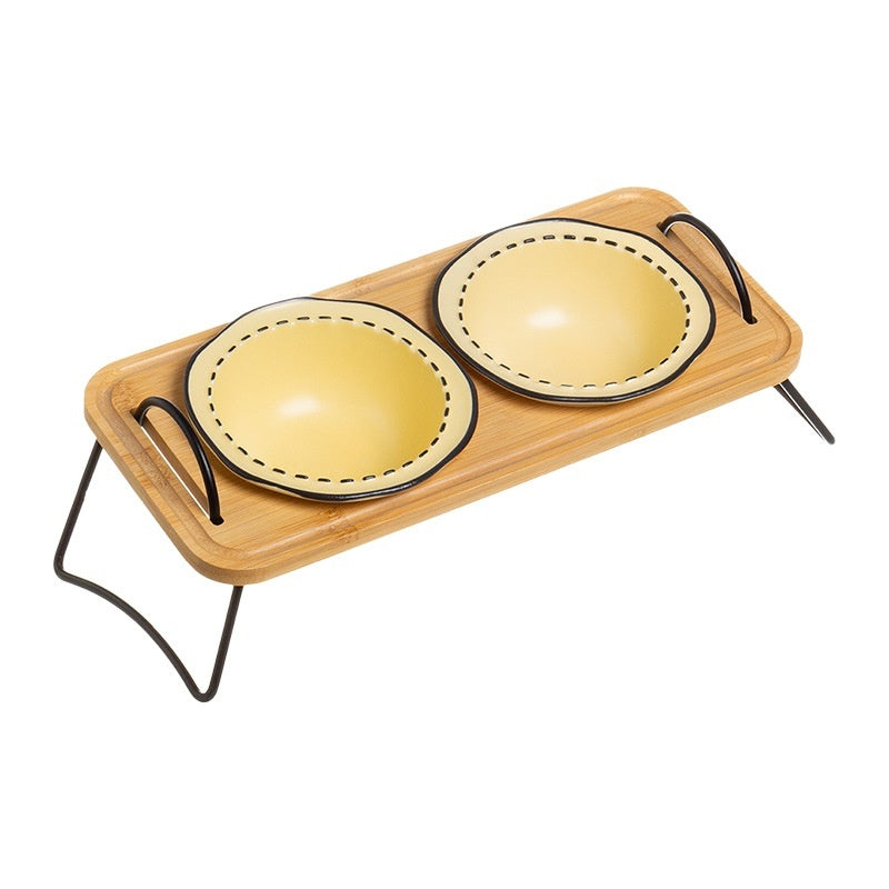 Multi-Functional Wooden Pet Rack with Ceramic Anti-Tumble Cat Bowl