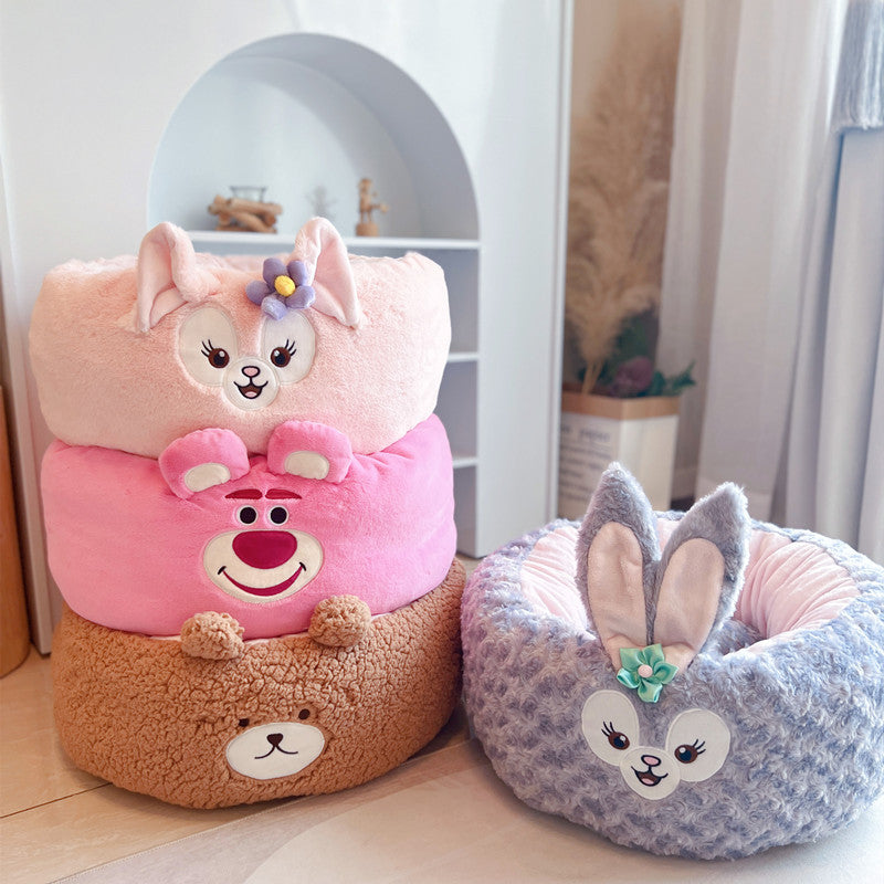 Cartoon Bear Pet Bed – Cute Round Plush Nest for Dogs & Cats (3 Sizes)