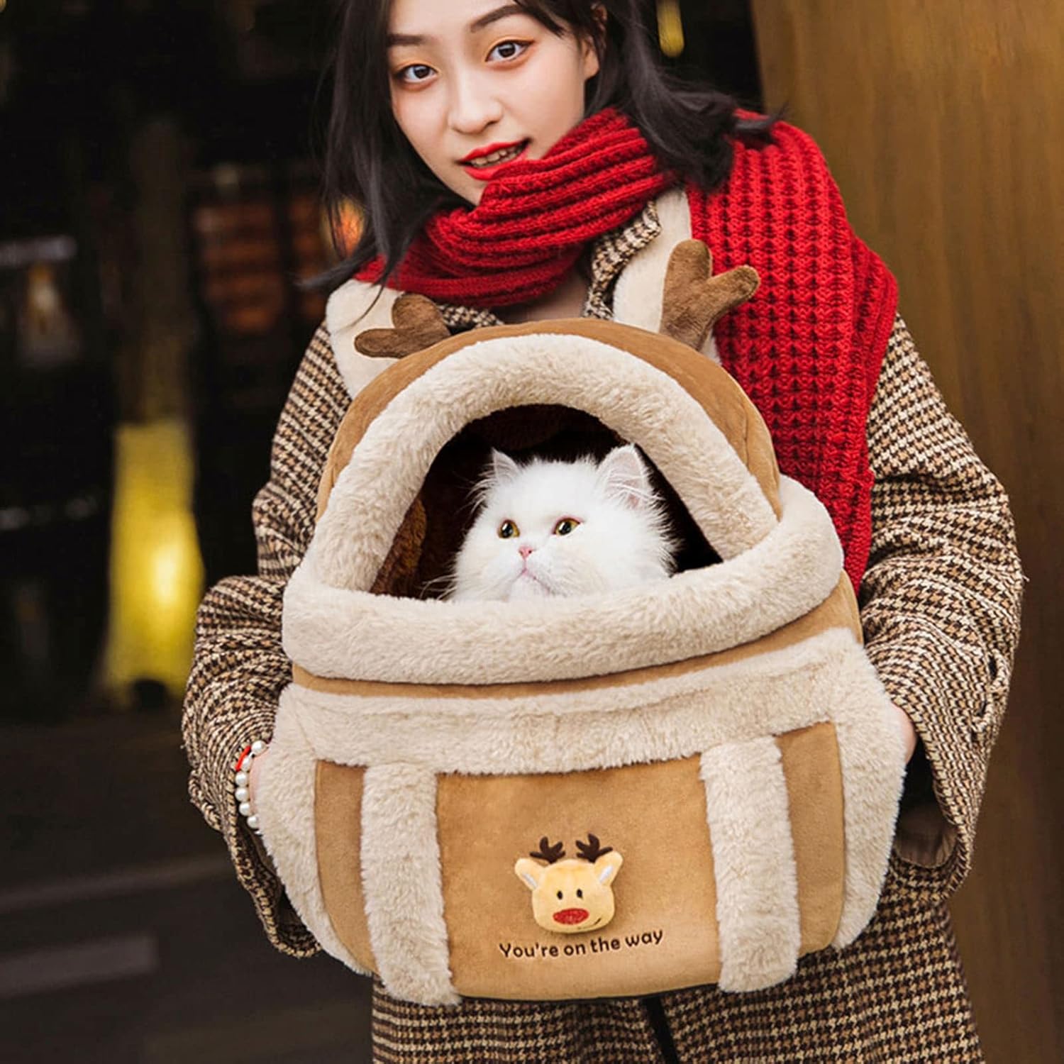 Plush Reindeer Pet Carrier Backpack with Hand Warmers for Travel