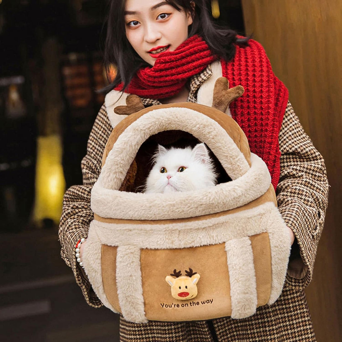 Plush Reindeer Pet Carrier Backpack with Hand Warmers for Travel