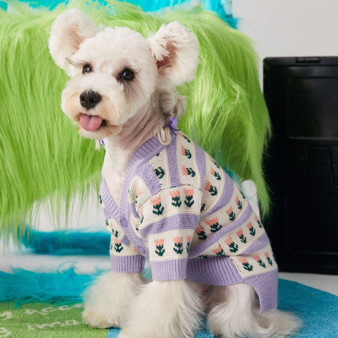 Purple Floral Jacquard Dog Sweater – Stylish Wool Knit Cardigan (XS–XXL)