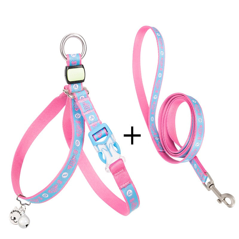 Cat & Small Dog Chest Harness with Bell – Polyester Mesh Leash Set in 5 Colors (S–L)