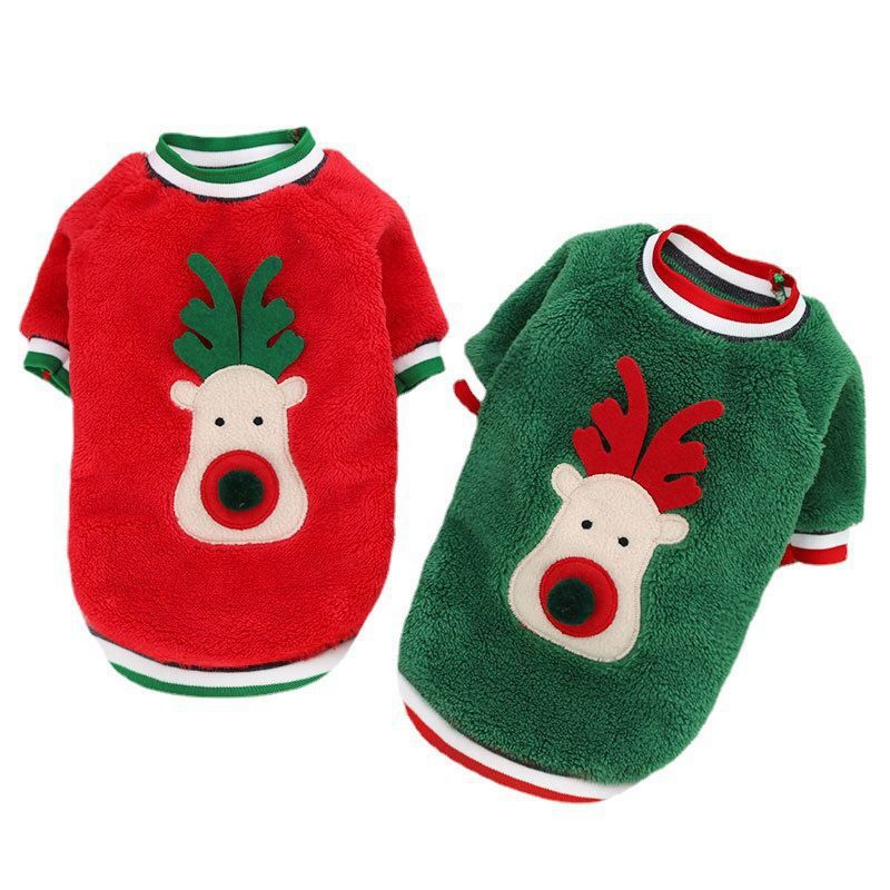 Christmas Velvet Dog Sweater – Fawn Print Holiday Outfit in Red & Green (XS–2XL)