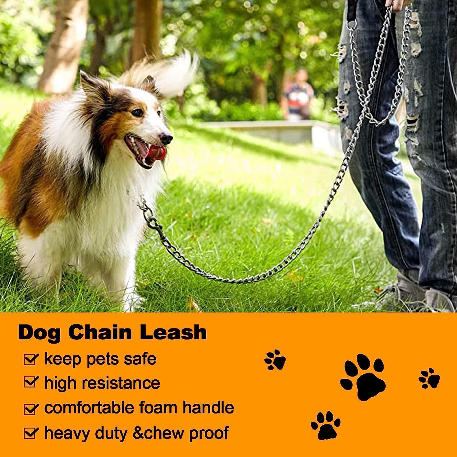 Heavy-Duty Chew-Proof Metal Dog Leash – Padded Handle, 47 in Chrome Chain (Red, Blue, Black)