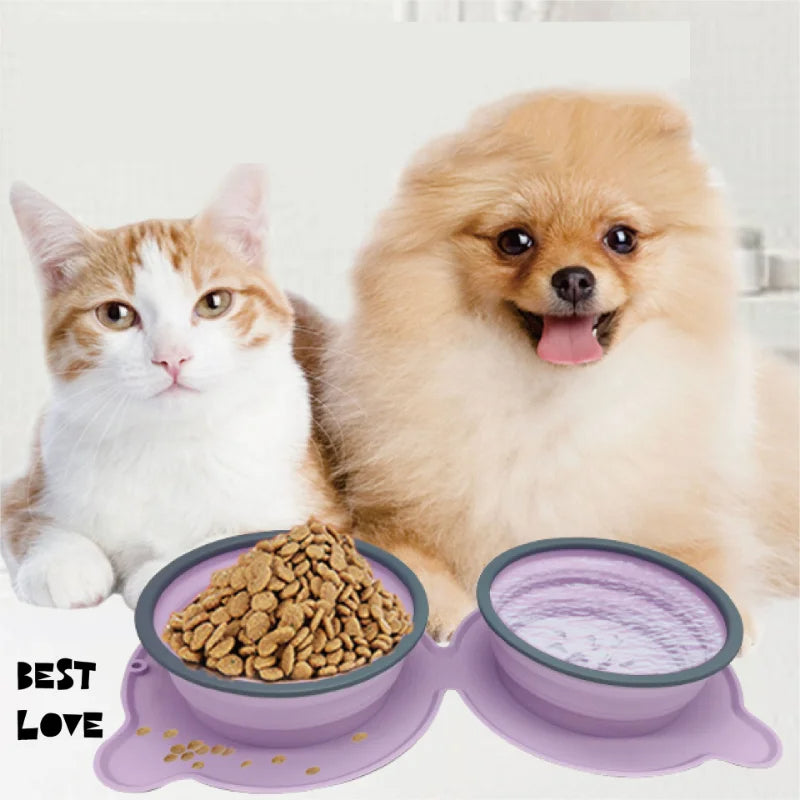 Portable Foldable Silicone Double Pet Food Bowl Non-Slip for Travel