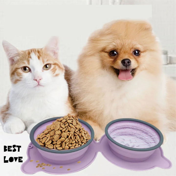 Portable Foldable Silicone Double Pet Food Bowl Non-Slip for Travel