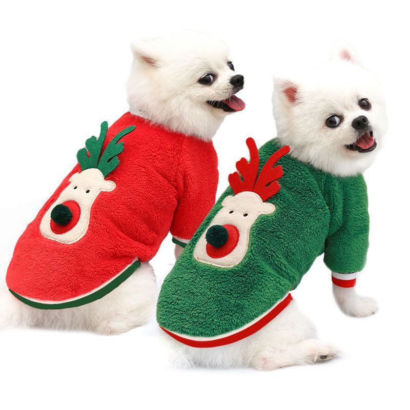 Christmas Velvet Dog Sweater – Fawn Print Holiday Outfit in Red & Green (XS–2XL)