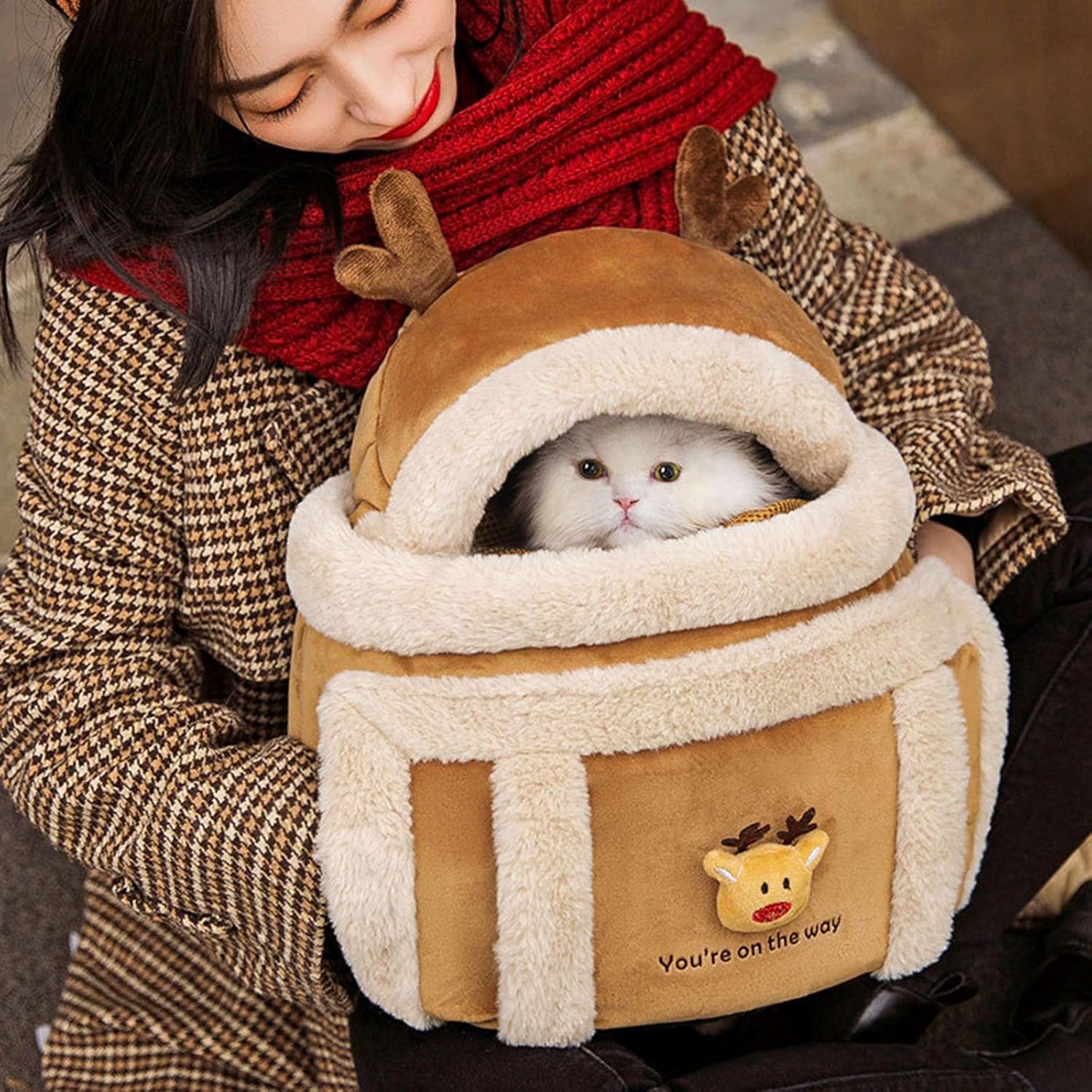 Plush Reindeer Pet Carrier Backpack with Hand Warmers for Travel