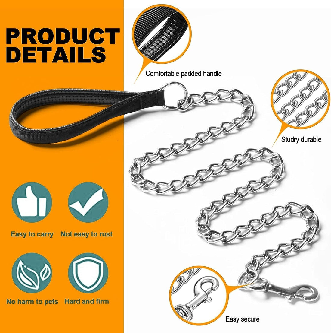 Heavy-Duty Chew-Proof Metal Dog Leash – Padded Handle, 47 in Chrome Chain (Red, Blue, Black)