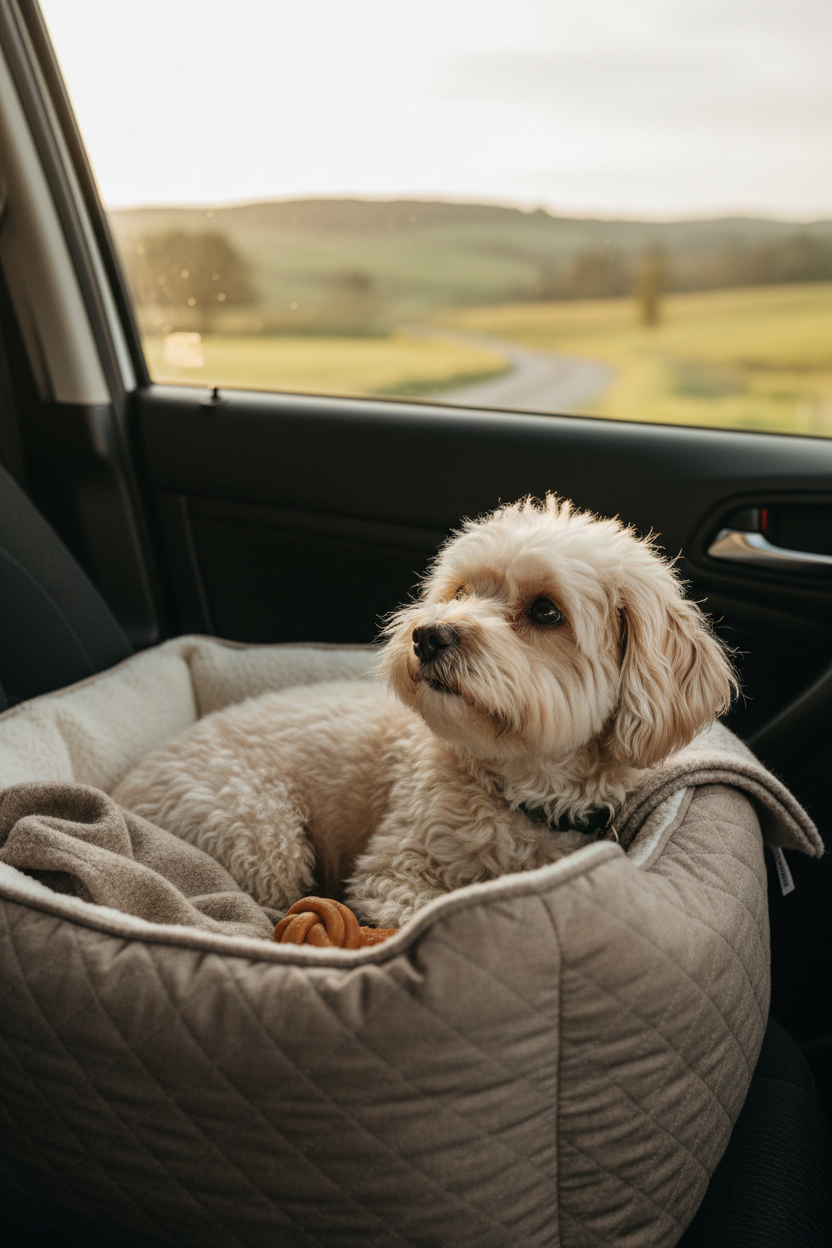 Small fluffy dog sitting in a beige quilted pet car seat carrier looking out the window at a scenic road trip landscape